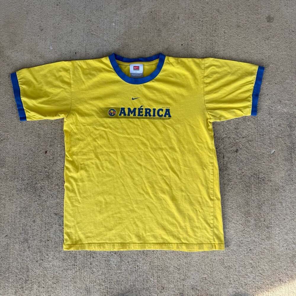 Nike Club America Ringer T-Shirt Size XL Yellow Blue Soccer